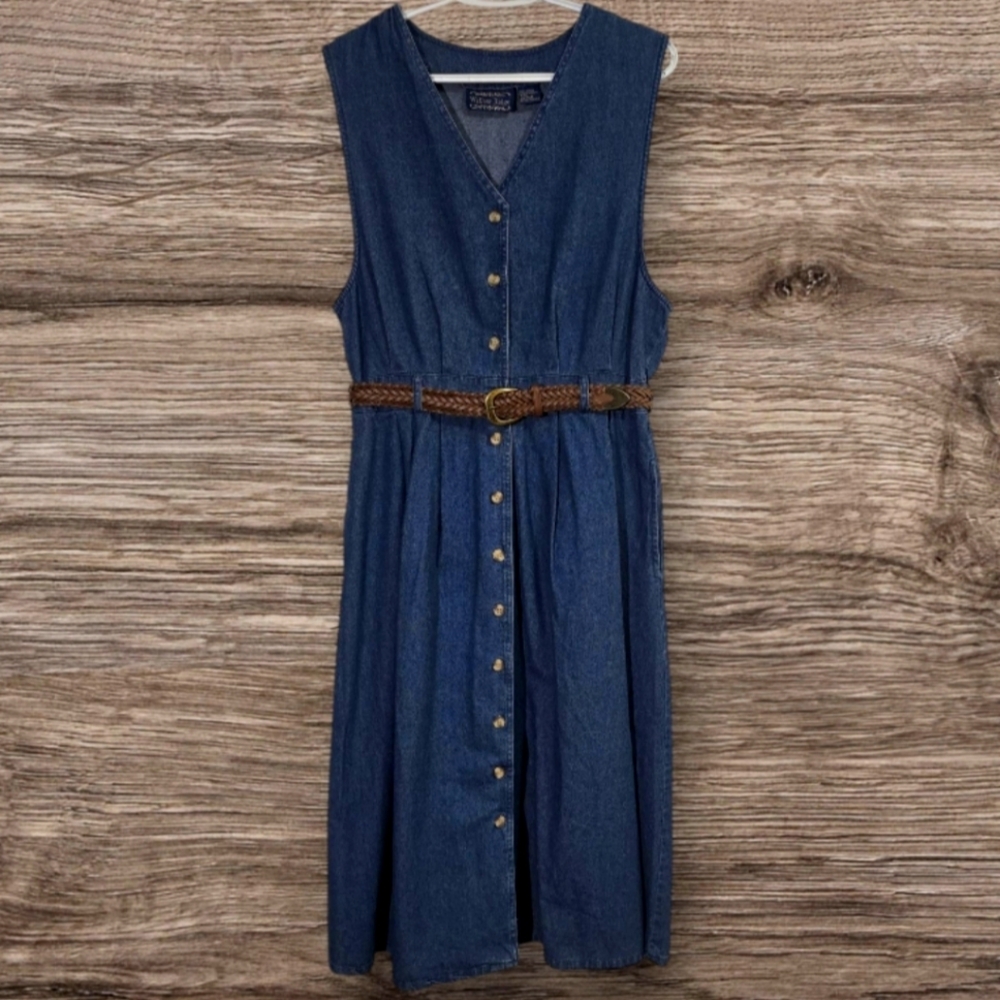 Vintage Willow Ridge Denim Sleeveless Dress with Brown Braided Belt